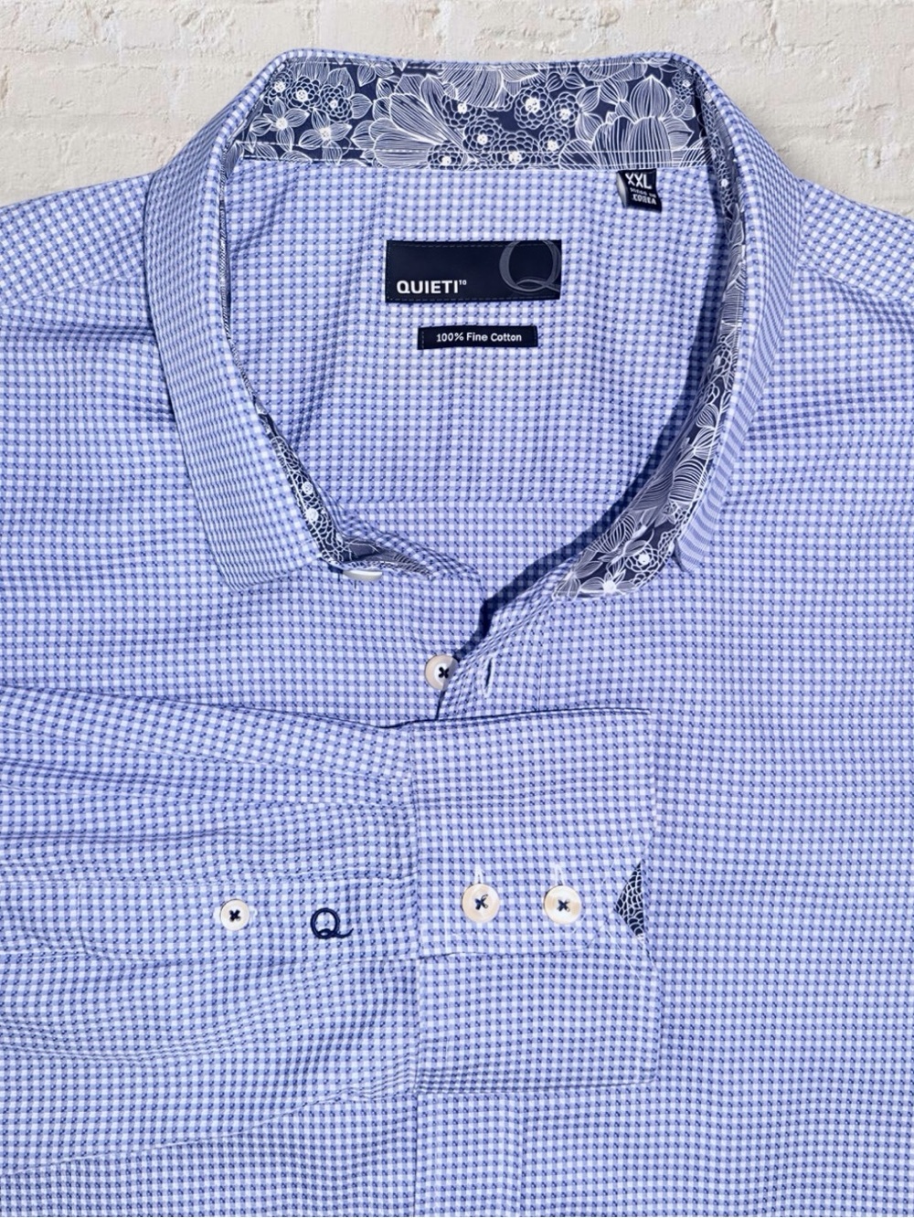 Quieti Men XXL Blue Micro Gingham LS Button Down Floral Contrast Shirt